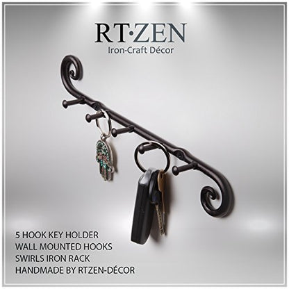 Farmhouse Small Key Holder for Wall, Wrought Iron Wall Mount Rack | Handcrafted Swirl Decorative, 5 Key Hooks for Home Entryway, Purse, Coat and Leash Holder or Organizer (Classic Black) - style: Classic