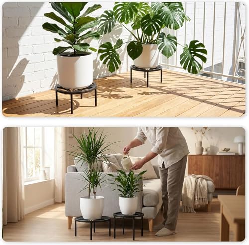 TOSKING 2-Pack Fully Assembled Heavy Duty Metal Plant Stand, Geometric Flower Pot Holder for Heavy Potted Plant, Rustproof Iron Plant Riser with Adjustable Feet, 220 LBS Capacity, No Installation Required, Black (13.4"Dia x 6.5"H) - color: geometric (blac
