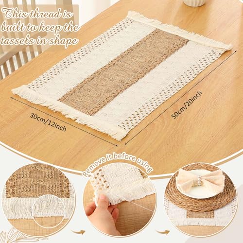 6 Sets Boho Placemats, Including 12 Inch Round Woven Rattan Placemats, Rectangle Burlap Boho Table Mats, Pearl Napkin Rings, Handmade Farmhouse Table Chargers for Home Wedding Party Decoration