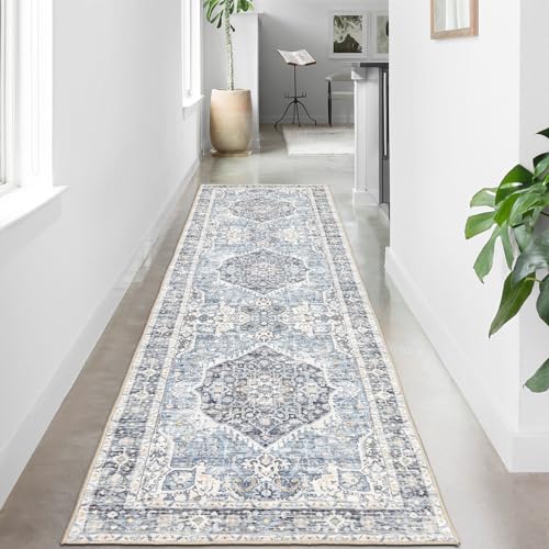 Runner Rug 2×8, Vintage Boho Rug,Ultra-Soft Low Pile, Washable, Non Slip,Stain Resistant Printed Carpet for Hallway Kitchen Living Room Bedrooms Playroom Office, Light Blue - color: Light Blue, size: 2' x 8' (Runner)