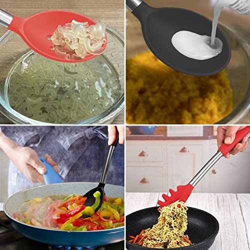Silicone Spatula and Cooking Spoon,5 Pack Non-Stick Cooking Utensils for Kitchen，Heat Resistant Solid & Slotted Spoons and Spatulas, Stainless Steel Handle Coated with Silicone,Red - color: Red