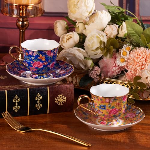 KAMMAK Tea Cup and Saucer, Ceramic Coffee Cups, 6.3 oz, Set of 2 | Porcelain Tea Cups with Saucers for Coffee and Cappuccino, Ideal for Breakfast, Afternoon Tea and Entertaining,643N+644N - style: 643N+644N