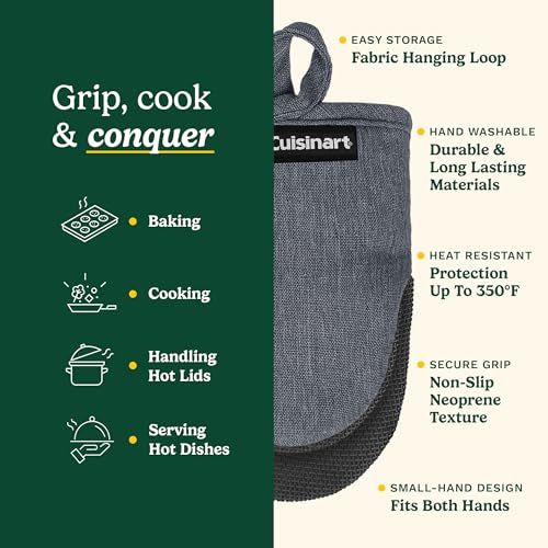Cuisinart Mini Oven Mitts, 2-Pack, Neoprene Grip, Heat Resistant 350F | Cotton-lined, non-slip neoprene palm, ambidextrous design, ideal for smaller hands and everyday cooking - color: Charcoal