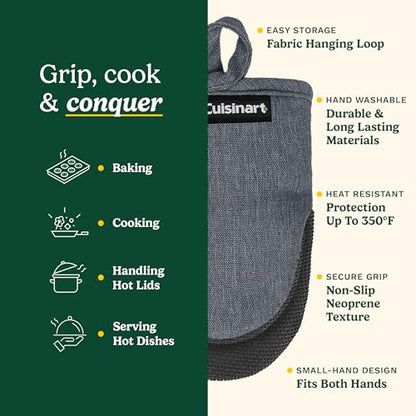 Cuisinart Mini Oven Mitts, 2-Pack, Neoprene Grip, Heat Resistant 350F | Cotton-lined, non-slip neoprene palm, ambidextrous design, ideal for smaller hands and everyday cooking - color: Charcoal