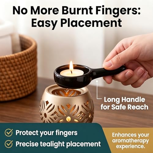 Ceramic Spoon Shape Tealight Candle Holder, Ceramic Tealight Candle Holder Essential Oil Censer with Candle Spoon, Little Tealight Candle Holder Ceramic Spoon Shape, Fits Most Aroma Lamps (Back)