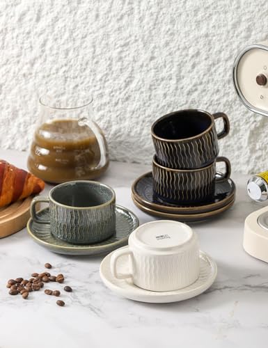 Espresso Cup with Saucer - 6 Ounce Ceramic Espresso Mugs Set of 4, Cappuccino Cups Set, Latte Coffee Cups for Coffee, Cafe Mocha, Tea, Green