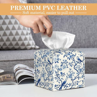 Blue Flowers Tissue Box Cover, Birds Tissue Box Holder Waterproof Leather Facial Paper Organizer Dispenser for Bathroom Home Car Nightstand Vanity - color: Blue Flowers Birds
