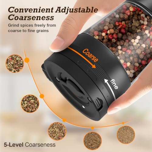Flelano Electric Salt and Pepper Grinder Set, Automatic Refillable Salt and Pepper Shakers 2-Speed Setting with LED Light and 5 Adjustable Coarseness,Practical and Convenient Kitchen Gadgets,All-Black - color: All-Black