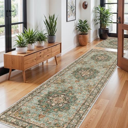 Washable Hallway Runner Rug 3x10: Non Slip Soft Runner Rugs for Living Room | Thin Carpet for Bedroom Kitchen Waterproof Floral Distressed Indoor Stain Resistant Non-Shedding Floor Carpets (Green, 3X10) - color: Green, size: 3' x 10' (Rectangular)