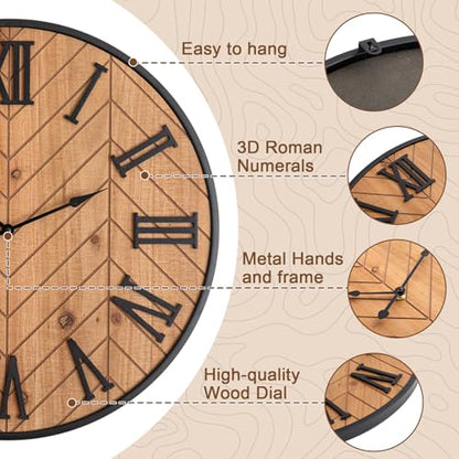 Kenning Farmhouse Wall Clock for Living Room Decor, Rustic 24'' Wall Clock | Large Decorative Wall Clock with Brown Wooden Face & Black Metal Frame, Silent Battery Operated for Kitchen Bedroom Entryway - size: 24 Inch