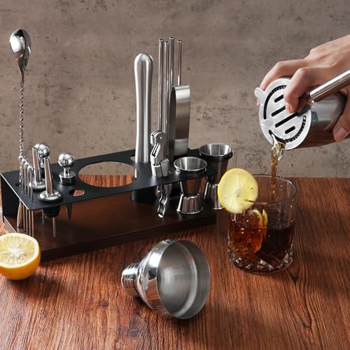 23-Piece Cocktail Shaker Set with Stand, 304 SS, Bartender Kit Gift | Complete Home Bar Set: Leak-proof Shaker, Jigger, Muddler, 18/8 Steel, Gift for beginners, cocktail lovers & house parties - color: Chocolate