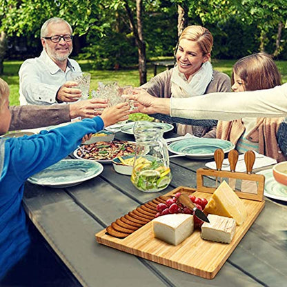 Widousy Bamboo Cheese Board Set, Cheese Tray, Charcuterie Board and Serving Meat Platter with 4 Stainless Steel Cheese Knives, Ideal for Wedding Gifts Christmas Birthday Party (14''x11'')