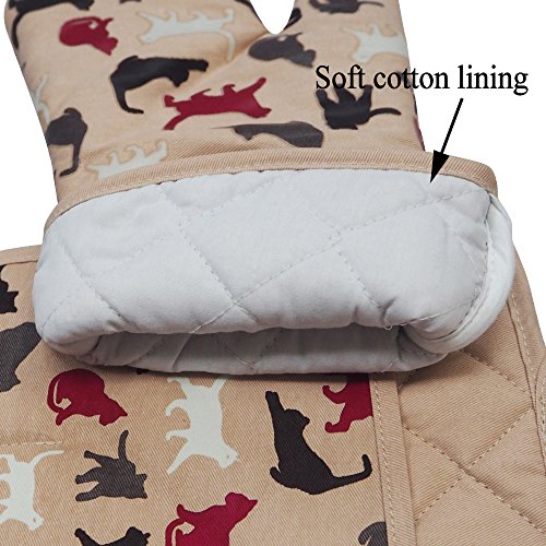 Oven Mitts 1 Pair, Non Slip Clear Silicone Printed Rooster Kitchen Gloves | Heat Resistant 480 ℉ Comfortable Cotton Lining Kitchen Men Cooking Barbecue Machine Washable (Cat, Khaki Mittens) - color: Cat, Khaki Mittens