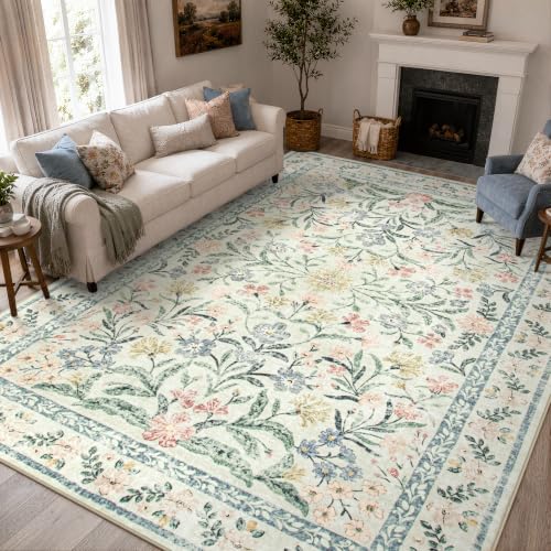 Wonnitar Large Rugs for Living Room, Soft Washable Floral 9x12 Area Rug for Bedroom, Boho Non-Shedding Foldable Carpet for Kids Playroom Apartment Home Decor - color: Beige, size: 9' x 12' (Rectangular)