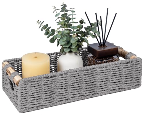 CubesLand Back of Toilet Storage Basket for Organizing W/Cut Out Handle | Handwoven Toilet Tank Top Paper Baskets, Small Wicker Decorative Basket for Countertop, Home, Living Room, Nursery, Grey - color: Grey, size: S-12.99" (L) X 6.29" (W) X 3.15" (H)