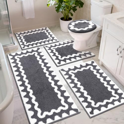 Findosom Bathroom Rugs Sets 5 Piece, Absorbent Soft Non-Slip Bath Rug Set | Washable Microfiber Shaggy Bath Mat Set with Bathroom Runner Rug, U-Shaped Toilet Rugs, Shower Rug&Toilet Lid Cover,Dark Gray - color: Dark Gray & White, size: 18"x26"+20"x32"+20"