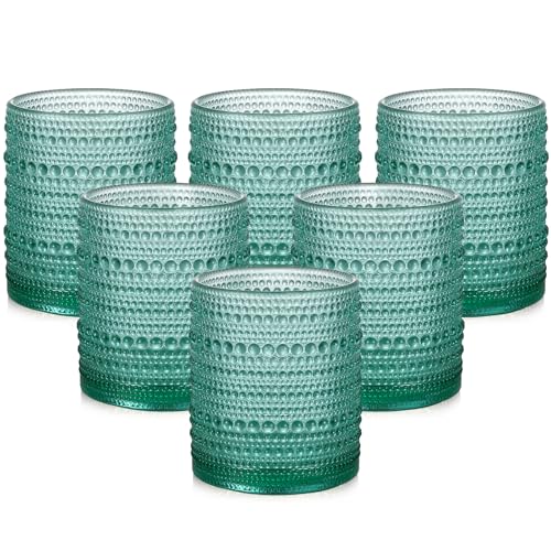 ZMOWIPDL Drinking Glasses Set of 6,12oz Lake Blue Hobnail Glass Cups | Vintage Glassware，Embossed Water Tumbler,for Beer,Cocktail,Whiskey,Juice and Various Mixed Drinks- 1 Cleaning Brush - color: Lake Blue