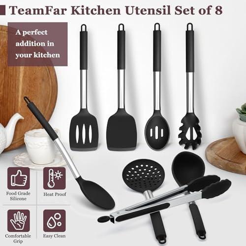 TeamFar Kitchen Utensils Set of 8, Silicone Utensils Kitchen Tools Set | with Stainless Steel Handle, for Frying Serving Flipping Draining, Non-toxic & Heatproof, Nonstick & Dishwasher Safe - Black - color: Black
