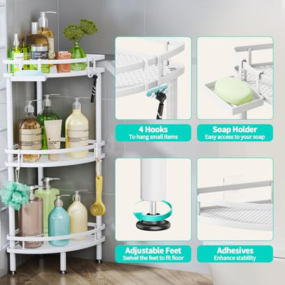 HapiRm Standing Corner Shower Caddy - 3 Tier Large Capacity, White | Shower Organizer Corner with Soap Holder and 4 Hooks, Rustproof Bathroom Storage Shelves with Adhesives - size: 3-tier