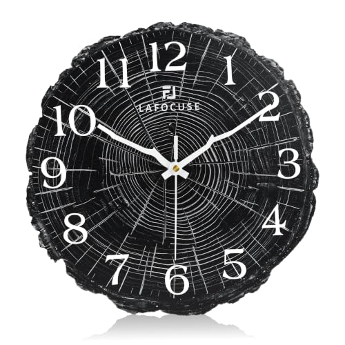 Lafocuse 12 Inch Black Wooden Rustic Wall Clock for Kitchen Living Room | Annual Ring Tree Stump Design, Battery Operated, Silent Non Ticking, Durable Thickened Dial, Vintage Farmhouse Home Decor - color: Black