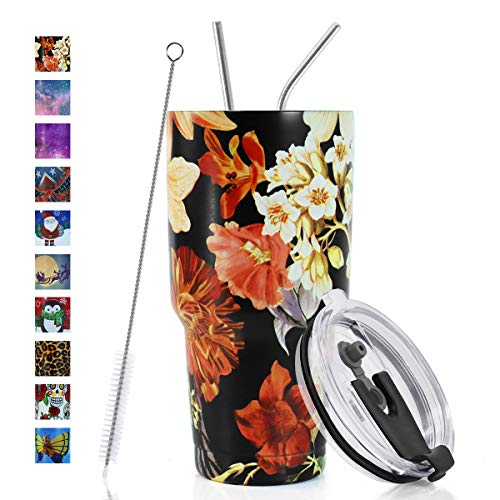 SYACOT 30oz Tumbler Double Wall Stainless Steel Vacuum Insulated Travel Mug with Splash-Proof Lid Metal Straw and Brush - color: Jasmine black-30oz