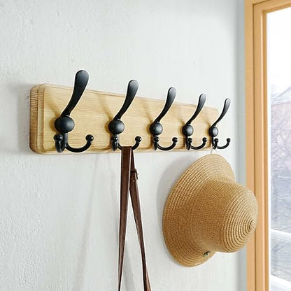 Coat Rack Wall Mount - Heavy-Duty Robust Rustic Wooden Wall Coat Hanger Hook Rail with 5 Triple Hooks for Winter Jacket & Hat Clothing, Light Brown & Black - color: Light Brown & Black, size: L=17.4"