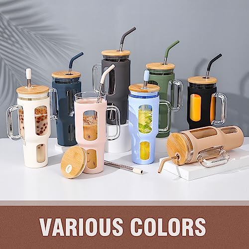 WINSA Glass Tumbler with Lid and Straw, 46 oz, Amber | Iced Coffee Cup with Handle, Large Water Bottle with Silicone Sleeve, Pearl Straw & Drinking Straw, BPA Free - color: Amber, size: 46 Ounces