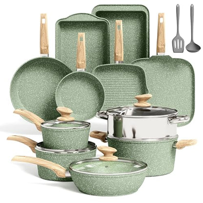 Kitchen Academy 17Pcs Green Induction Cookware Set, Nonstick Pots and Pans | Sage Green Granite Coating, Healthy Non Toxic Kitchen Cooking Pans and Pots Set Non Stick - color: Green, size: 17 PCS Cookware Set