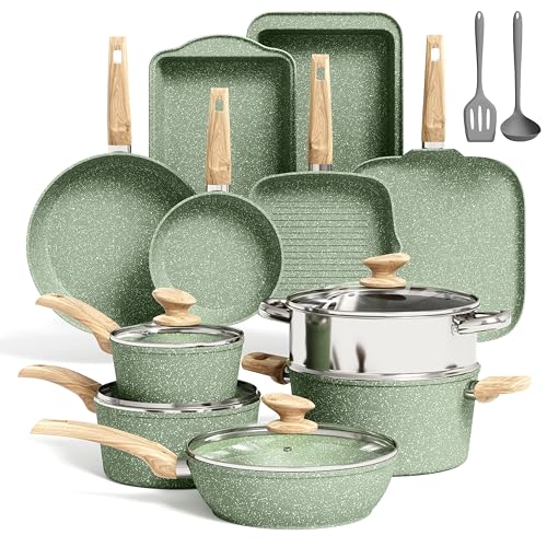 Kitchen Academy 17Pcs Green Induction Cookware Set, Nonstick Pots and Pans | Sage Green Granite Coating, Healthy Non Toxic Kitchen Cooking Pans and Pots Set Non Stick - color: Green, size: 17 PCS Cookware Set