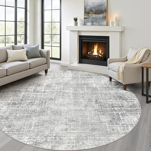 LOONGRUG Round Rug 7x7 Washable Neutral Modern Rug for Living Room Grey | Circle Large Abstract Soft Stain Resistant Indoor Non-Slip Carpet for Bedroom Nursery Kids Office Playroom Dining Room - color: Grey, size: 7' x 7' (Round)
