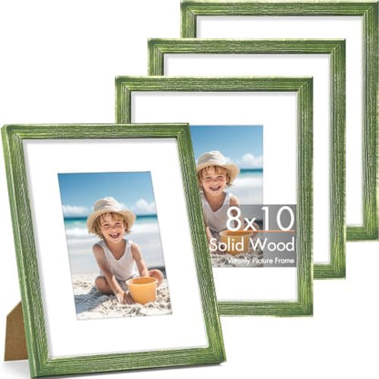 Vittanly Solid Wood 8x10 Picture Frames Set of 4, Distressed Green | 5x7 Picture Frame with Mat, Gallery Wall Frame Set, 8 x 10 Frame for Wall & Tabletop Display, Family, Pet, Christmas - color: Distressed Green, size: 8x10