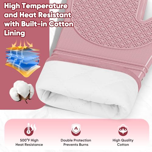 Silicone Oven Mitts, Heat Resistant Oven Gloves with Quilted Liner, Waterproof & Non-Slip Kitchen Mittens for Baking Cooking BBQ, 500°F, 12.5"-Rose Pink - color: Rose Pink