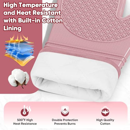 Silicone Oven Mitts, Heat Resistant Oven Gloves with Quilted Liner, Waterproof & Non-Slip Kitchen Mittens for Baking Cooking BBQ, 500°F, 12.5"-Rose Pink - color: Rose Pink
