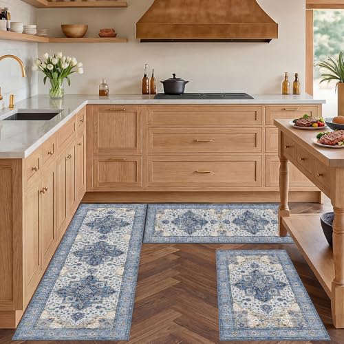 3 Piece Kitchen Rugs Sets with Runner, Washable Non Slip Soft Boho Kitchen Mats, Low Pile Stain Resistant Carpet for Hallway, Laundry Room, Entryway (20"x32"+20"x48"+20"x59", Blue Beige Cream) - color: Blue Beige Cream