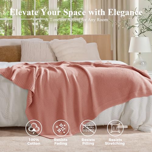 100% Cotton Cable Knit Throw Blanket, Large Lightweight Soft Knit Blanket for Sofa Couch Bed, Breathable All-Season Throw, Cozy Decorative Blanket, 60 x 80 Inch,Pink - color: Pink, size: Twin(60" X 80")
