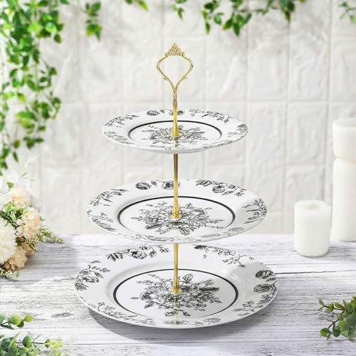 Lallisa Black Floral 3 Tier Dessert Stand 10", 9" and 7" Ceramic Vintage Chinoiserie Tea Party Tiered Tray Cake Stand Display Holder Tower for Halloween Wedding Baby Shower Bridal Shower Tea Party - color: Black, style: Chinoiserie
