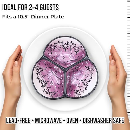 3-Compartment Ceramic Serving Dish, Handmade in Spain | 7.5” divided chip and dip bowl with lead-free glaze, microwave, oven and dishwasher safe, ideal for tapas, snacks and sauces - color: Onyx Lilac