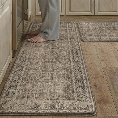 Kitchen Mats 2PCS Anti Fatigue Cushioned Mat Brown Vintage Kitchen Mats for Floor Waterproof Non Slip Comfort Standing Distressed Rug for Sink Laundry Office 17.3"x47"+17.3"x30" - color: Vintage | Brown, size: 17.3"x47"+17.3"x30"--0.4inch