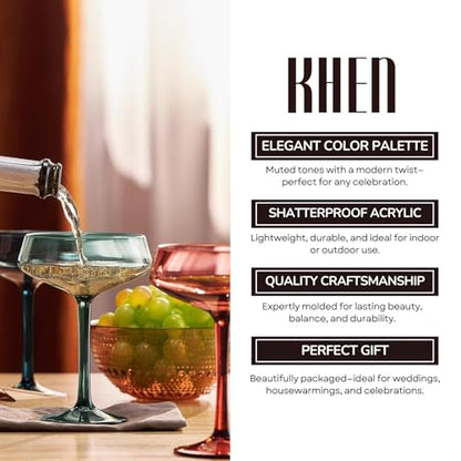 Khen 10.15 Ounce Plastic Acrylic Multicolor Coupe Glasses (Set of 4), Martini Glasses, Champagne Saucers, Reusable, BPA-Free, Shatter-Proof, Dishwasher-Safe, Perfect for Poolside, Outdoors, and More