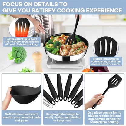 TeamFar Silicone Cooking Utensils Set, 8 PCS Kitchen Utensils Set, Black | 446°F Heat Resistant Turner, Spatula, Spoon, Whisk, Kitchen Cooking Gadgets Tools, for Nonstick Cookware, Dishwasher Safe - color: Black