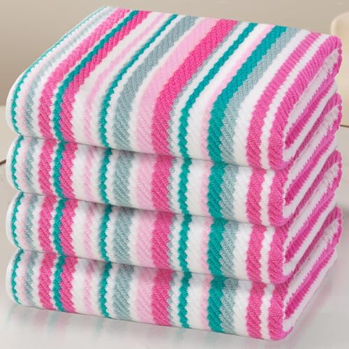 VOOVA & MOVAS Striped Bath Towels 4 Pack, 100% Cotton, 28x52 in, Pink Teal | Perfect for Everyday Bathing, Quick Dry, Soft, Absorbent, Lightweight, Bath Towels with Hanging Loops - color: Pink + Aqua + Teal Striped, size: 4 PC Bath Towels (28"x52")
