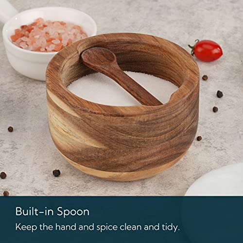KITCHENDAO Large Acacia Salt Cellar Box Bowl with Built-in Spoon and Marble Lid, Solid Natural Acacia Wood Bath Sea Salt Container, Grey Marble Lid, Pepper Sealer Pinch Bowl, 10oz Capacity - color: Gray