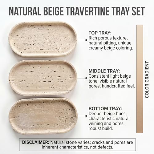 YKAJO Natural Travertine Beige Oval Marble Tray, 11.8x5.9 Vanity Organizer | Honed natural stone; jewelry & trinket dish, ring & key holder, soap & candle catchall; bath counter, dresser, coffee table - color: Natural Travertine Beige, size: 11.8" x 5.9"