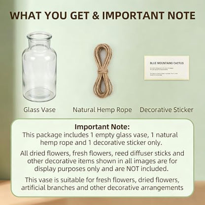 6.38 Inch 17oz Clear Glass Vase, Wide Mouth Flower Vase with Hemp Rope | Thickened Glass Body, Natural Hemp Rope, Smooth Wide Mouth, Stable Base, DIY Sticker Included, 2 Color Options - color: Clear