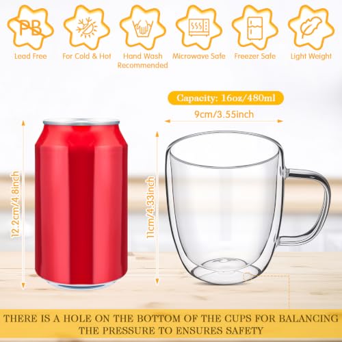 Patelai Glass Coffee Mugs Set of 6, 16 oz Clear Double Walled Coffee Cups Glasses Insulated Latte Mugs with Handle Espresso Clear Cups for Hot and Cold Beverages - color: Clear, size: 480ml