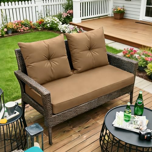 ARTPLAN Loveseat Patio Deep Seat Cushions 46"x24"x5" Bench Pad,Light Brown | High-density foam fill, solution-dyed UV water repellent fabric, zipper removable cover fits patio swing & bench furniture - color: Light Brown