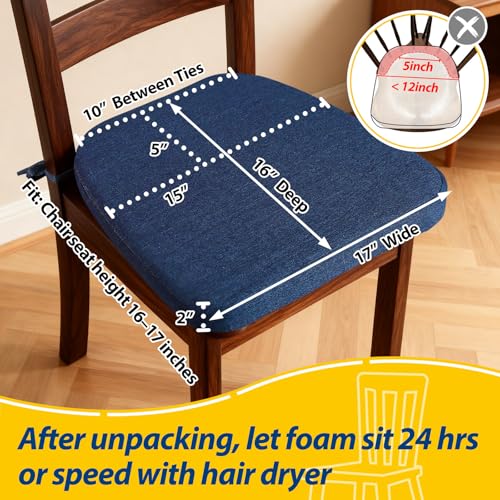 AAAAAcessories D-Shaped Chair Cushions, 2" Thick Dining Chair Pads with Ties and Removable, Machine-Washable Cover, 17" x 16", Set of 4, Blue - color: Blue, size: 4 Count(Pack of 1)