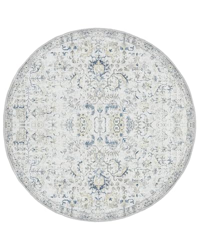 jinchan Distressed Vintage Medallion Round Rug, 4ft Blue, Washable Non Slip | Distressed Finish, Low Profile, Soft Comfort, Easy Care, Pet Friendly, Entryway Living Room Bedroom Dining Area Decor - color: Vintage Blue Multi, size: 4' (Round)