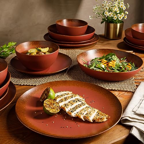 Two Time Oprah's Favorite Things Winner - Palermo Sun Double Bowl Stoneware Reactive Glaze Plates and Bowls Dinnerware Set - Paprika Red, Service for Four (16pcs) - color: Paprika Red