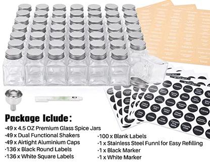 MIUKAA 49-Pack Cube Glass Spice Jars with 372 Labels, 49 Shakers, Lids, 4.5 oz Empty Square Spice Bottle, Reusable Clear Kitchen Spice Storage Containers